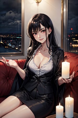m0n1c4b31u-smf, facial portrait, sexy stare, smirked, sitting on the sofa, candlelights, cloudy sky, 