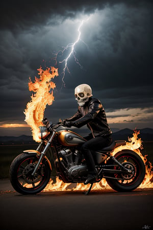 Photorealistic, Marvel's Ghost Rider with flaming skull, ((((NO SKIN)))), ((((no hair)))), ((((no eyes)))), facial portrait, screaming, Metal spikes on top of shoulders, black leather jacket, cloudy sky, lightning, cemetery, flaming motorcycle, fighting pose, screaming 