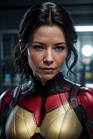 Photorealistic, Evangeline Lilly as Marvel's Wasp, facial portrait, sexy stare, smirked, inside lab