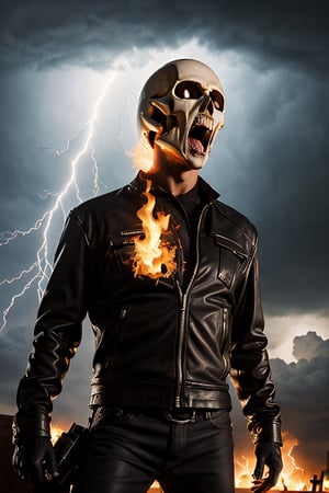 Photorealistic, Marvel's Ghost Rider, no hair, facial portrait, screaming, cloudy sky, lightning, cemetery, 