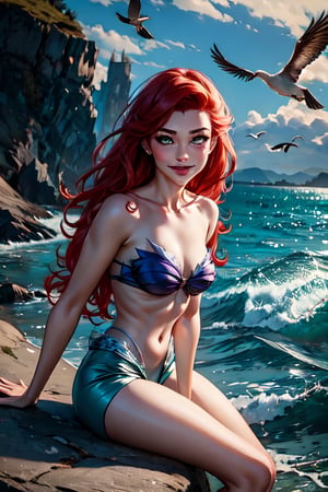 ariel, facial portrait, sexy stare, smirked, shoreline, sitting on a rock, crabs, seagulls, cloudy sky, waves, 