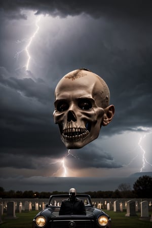 Photorealistic, Marvel's Ghost Rider, ((((no hair)))), ((((no eyes)))), facial portrait, screaming, cloudy sky, lightning, cemetery, 