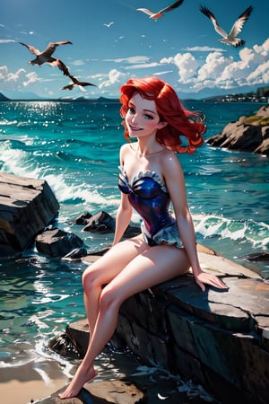 ariel, facial portrait, sexy stare, smirked, shoreline, sitting on a rock, crabs, seagulls, cloudy sky, waves, 