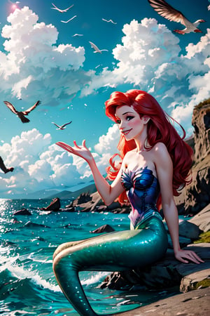 ariel, facial portrait, sexy stare, smirked, shoreline, sitting on a rock, crabs, seagulls, cloudy sky, waves, mermaids 