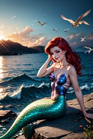 ariel, facial portrait, sexy stare, smirked, shoreline, sitting on a rock, crabs, seagulls, cloudy sky, waves, mermaids 