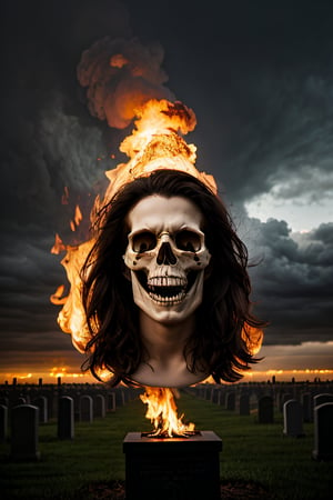 Photorealistic, flaming skull head, facial portrait, screaming, cloudy sky, lightning, cemetery, 