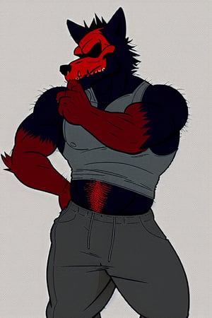 red_and_black_wolf, black_eyes, demon,semi-muscular , solo, red_fur, pants, sexy_man , belvor, sleeveless_shirt_white, skull, wolf_tail, big_ass, hairy_cheeks, sexy_pose