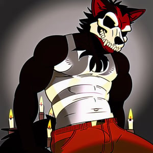 red_and_black_wolf, black_eyes, demon, semi-muscular ,solo ,red_fur, pants, sexy_man , belvor, sleeveless_shirt_white, skull, wolf_tail, hairy_cheeks, sexy_pose, ribs, white_shirt, 