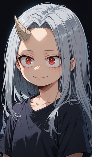 (score_9, score_8_up), score_7_up, zPDXL, eri, long hair, red eyes, grey hair, horns, child, ((single_horn)), female child, lora:my-hero-academia-eri-anime-ponyxl-lora-nochekaiser:1, upper body, smirk, looking away, black shirt, dark background, lora:Sinozick_Style_XL_Pony:1, sinozick style, flat color