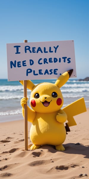 Pikachu on the beach  holding a sign that says "I really need credits please".