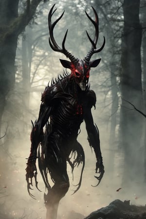 xenomorph  made of flesh, skeleton face, sharp horns, ((deer horns)), (((night))), veins, muscles, transparent skin, nightmare creature, dangerous mutant, intricate and high details, doom, human skulls on the ground, (demon)),red colored eyes intense,((full body)),forest ,((demon wings))