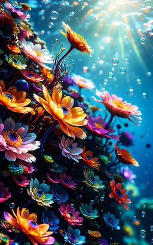 anime_artwork,  grand_photograph,(very aesthetic, best quality, ultra detailed), intricate details, intricate pattern, colorful, rainbow anemone, majestic, refined, breathtaking, in the depths on the ocean, cute, underwater, corals, anemones, schools of fish, fish, kelp, sea slugs, bubbles,under the sea,abisal dark sea 