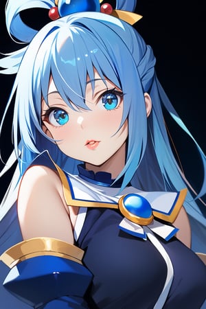 (masterpiece), best quality, solo, 1girl, blue_eyes, looking_at_viewer, eyelashes,upper_body, lips, makeup,aqua,Aqua,Aqua_(Konosuba),AQUA \(KONOSUBA\), blue hair ,dark background,LONG HAIR, HAIR ORNAMENT, VERY LONG HAIR, HAIR RINGS, SINGLE HAIR RING, HAIR BOBBLES,