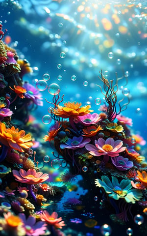 anime_artwork,  grand_photograph,(very aesthetic, best quality, ultra detailed), intricate details, intricate pattern, colorful, rainbow anemone, majestic, refined, breathtaking, in the depths on the ocean, cute, underwater, corals, anemones, schools of fish, fish, kelp, sea slugs, bubbles,