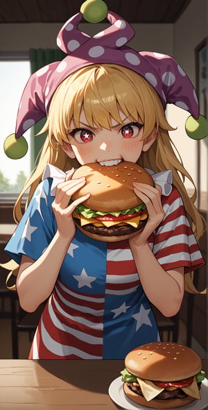 score_9, score_8_up, score_7_up, source_anime, 1girl, solo, clownpiece, jester cap, blonde hair, long hair, american flag dress, red eyes, standing, indoors, eating giant burger, upper body, table, star shaped pupils, biting, v-shaped eyebrows