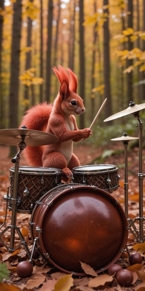 A professional photograph of a quirky squirrel with a fiery red mohawk, energetically playing a whimsical drum set in a vibrant autumn forest. The drum kit is entirely imagined, with bass drums made from hollowed, oversized chestnuts that have been polished to a gleaming finish. The snare drum is crafted from a woven basket of intertwined twigs and leaves, producing a crisp, earthy sound. Cymbals are formed from large, dry maple leaves, their edges curled and textured, hanging on thin branch stands. Smaller acorns serve as tom-toms, and the hi-hat is composed of overlapping oak leaves, delicately stacked on a twig frame. Every element of the drum set is organic, blending seamlessly into the forest floor, which is blanketed in a rich layer of autumn leaves, as the squirrel’s paws expertly tap the instruments, filling the scene with the imagined rhythm of nature