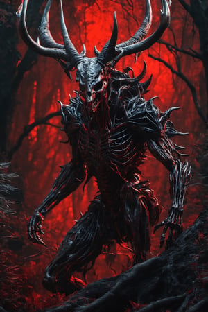 xenomorph  made of flesh, skeleton face, sharp horns, ((deer horns)), (((night))), veins, muscles, transparent skin, nightmare creature, dangerous mutant, intricate and high details, doom, human skulls on the ground, (demon)),red colored eyes intense,((full body)),forest ,((demon wings))