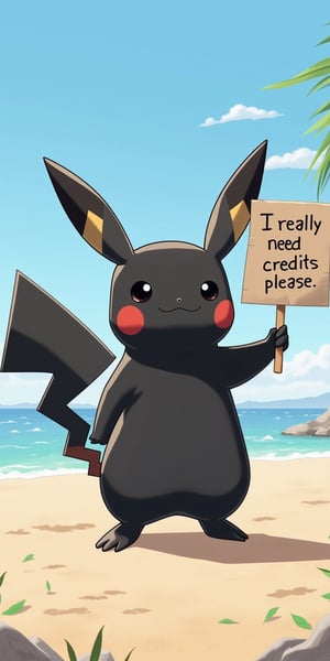 Black Pikachu on the beach  holding a sign that says "I really need credits please".