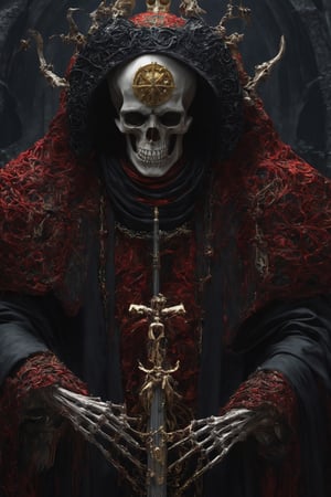 {{{masterpiece}}}, {{{hyper detailed}}}, {{{best quality}}}, {{{8k resolution}}}, detailed head, (((sharp image))), Kelemvor the Lord of the Dead, God of Death, Judge of the Damned, highly detailed scary face, skeletons in background, necromancy aura, full body, approaching perfection, dynamic, highly detailed, soft, sharp focus, art , judgment (helltaker), detail bones, {{papal hat}},{black robe}, staff