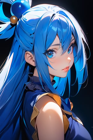 (masterpiece), best quality, solo, 1girl, blue_eyes, looking_at_viewer, eyelashes,upper_body, lips, makeup,aqua,Aqua,Aqua_(Konosuba),AQUA \(KONOSUBA\), blue hair ,dark background,LONG HAIR, HAIR ORNAMENT, VERY LONG HAIR, HAIR RINGS, SINGLE HAIR RING, HAIR BOBBLES,