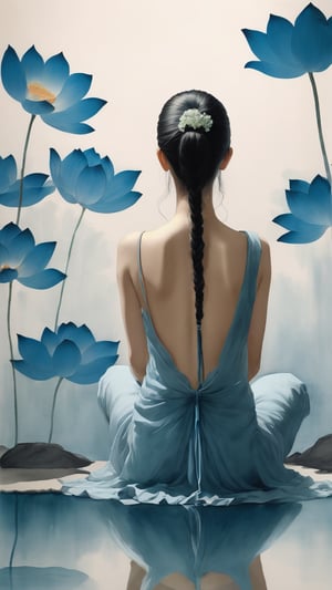 ((best quality)), ((masterpiece)), (detailed), (realistic),NYFlowerGirl, solo, sitting, 1girl, long hair, from behind, nude, flower, reflection, indian style, back, ponytail, very long hair, blue skin, lotus, facing away,FilmGirl,Leonardo Style,chinese ink drawing