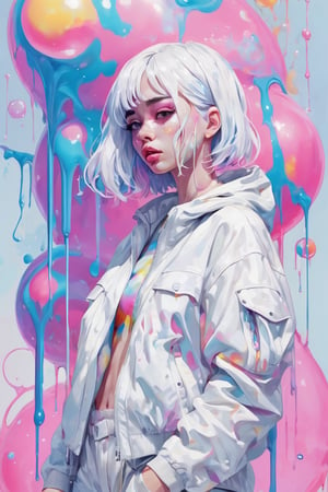 dripping paint,abstract,gouche,white,totally white,pastel colors,(bubble drip)1girl with techwear clothes,sexy,circular shapes on background,melt,vaporwave style,