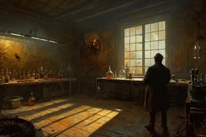 (best quality, masterpiece),perfect artwork, a photo a scary laboratory, shadow play, 8k, highly detailed, high resolution, ( very detailed background, detailed complex background ),painting by jakub rozalski,greg rutkowski,6000