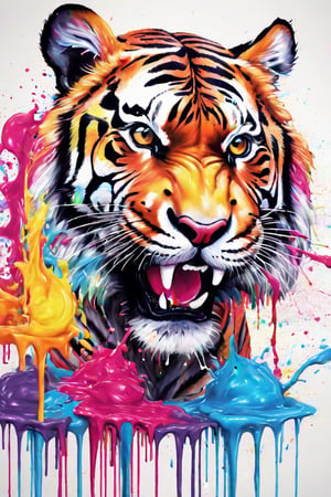 Realistic 3D illustration of a colorful graffiti illustration Colorful tiger's head liquid paint dropping, ,summer vivid colors,  high detail, t-shirt design, grafitti, vivid colors, very detailed image,dripping paint,Magical Fantasy style,abstact,chinese ink drawing