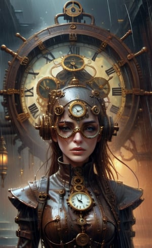 olpntng style, high quality steampunk portrait of the woman called Goddess Time with a clock for a head played by Sam Elliott, clock goggles, amazing background, by tomasz alen kopera and peter mohrbacher, dripping sparks, rain, sharp focus, clear, vibrant, denoised, intricately detailed, amazing clock, 8k, steampunk clock render engine, oil painting, heavy strokes, paint dripping,HZ Steampunk,dashataran,3d style,LinkGirl,xxmix_girl,3d,FilmGirl