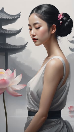 ((best quality)), ((masterpiece)), (detailed), (realistic),NYFlowerGirl, 1girl, black hair, flower, dress, solo, white dress, hair bun, single hair bun, reflection, closed eyes, water, dark-skinned female, dark skin, standing, collarbone, sleeveless, bare shoulders, facing viewer, grey background, sleeveless dress,chinese ink drawing,Leonardo Style