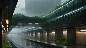  perfect artwork, scenery, scary, a photo of an overgrown underground subway, scary , light rain, fantastic architecture , large, detailed ruined modern city in the background, misty, overcast lighting, shadow play, 8k, dreamy haze, highly detailed, high resolution, ( very detailed background, detailed complex background ),painting by jakub rozalski,greg rutkowski,6000