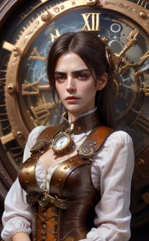 olpntng style, high quality steampunk portrait of the woman called Goddess Time with a clock for a head played by Sam Elliott, clock goggles, amazing background, by tomasz alen kopera and peter mohrbacher, dripping sparks, rain, sharp focus, clear, vibrant, denoised, intricately detailed, amazing clock, 8k, steampunk clock render engine, oil painting, heavy strokes, paint dripping,HZ Steampunk,dashataran,3d style,LinkGirl,xxmix_girl,3d,FilmGirl