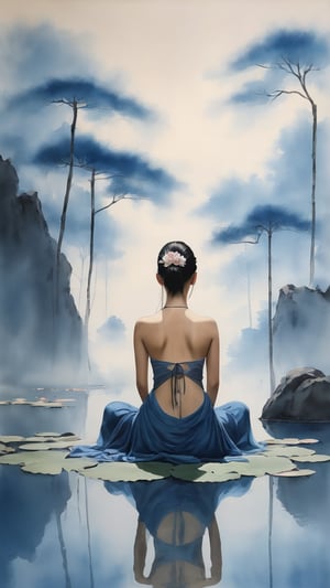 ((best quality)), ((masterpiece)), (detailed), (realistic),NYFlowerGirl, solo, sitting, 1girl, long hair, from behind, nude, flower, reflection, indian style, back, ponytail, very long hair, blue skin, lotus, facing away,FilmGirl,Leonardo Style,chinese ink drawing