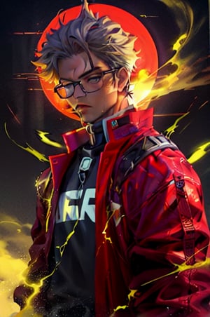 1boy, red coat, round eyewear, standing, masterpiece, best quality, ultra-detailed, best shadow, volumetric lighting, (beautiful detailed face, beautiful detailed eyes), High contrast, high saturation, (best illumination, an extremely delicate and beautiful), beautiful background, outdoors, desert, light particles, dust, spacecraft, dune series, samurai ,holding sworld ,best quality, original, extremely detailed wallpaper, streetwear jacket, highly detailed, extremely detailed, electric, red moon, Cinematic Lighting, Matte, Stone, Milky Quartz, Opalite, katanas, Silk, Feathers, Water splash, Fog, Electric, Electricity, sparks, lensflare, rim lighting, backlighting,holdin sworld ,man,guy,boy,full body