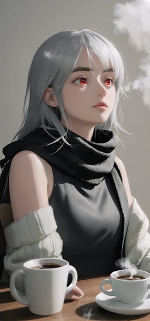 amiya(arknights), 1girl,8k wallpaper,extremely detailed figure, amazing beauty, detailed characters, {detailed background},aestheticism, sitting, winter, coffee shop, corner, coat, scarf, large breasts, gray hair, red eyes, emotionless, obedient, obedient, thick eyebrows, small nose, full lips, long eyelashes, delicate neck, slender shoulders, bare arms, delicate hands, long fingers, pointed nails, high cheekbones, oval face, smooth skin, rosy cheeks, cup of coffee, saucer, steam, warm, cozy, comfortable, relaxed, calm, quiet, peaceful, serene, contemplative, close-up, best quality, amazing quality, very aesthetic, absurdres, Christmas 