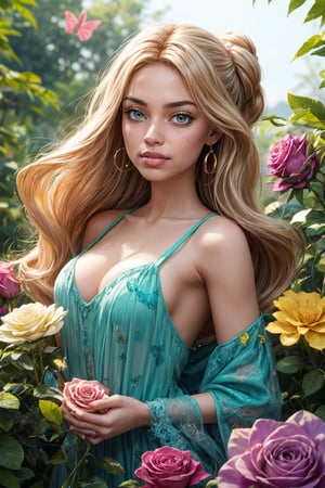 Barbie surrounded by butterflies and roses, colors blue, purple, aqua, pink and yellow. Let your imagination run wild as you add elements of nature or items that complement this serene setting