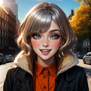  stunning french girl, sun, cute, orange, smile, open mouth, city, fashion, coat, blush, tree, shirt, short hair, silver  blonde, long sleeves, bangs, black hair, (beautiful and detailed face), (beautiful and detailed eyes), orange,chuuChloe