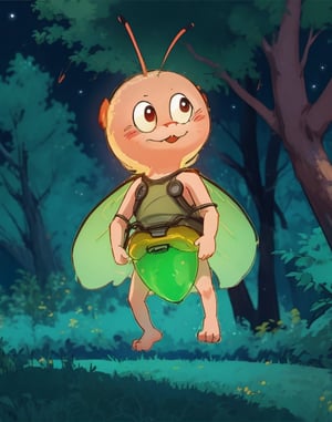cute cartoon firefly in a forest at night