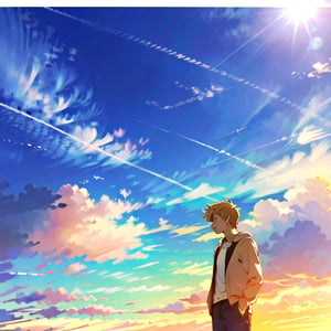 CLOUD,(((sky))),sunlight,sunshine,man,1boys