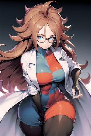 android_21_labcoat,labcoat,coat,dress,curly hair,very long hair,checkered,glasses,blue eyes,brown hair,two-tone dress,large breasts,black legwear,collarbone,thick thighs,
masterpiece,best quality,ultra detailed, 8k, 4k,highly detailed, scenery,pose,solo,