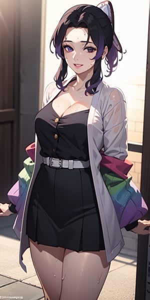 realistic, 1girl, ponytail, parted lips, makeup, light smile, black and purple hair, skirt, wet clothes, glow, thighs, purple eye, bare shoulders, collarbone, narrow waist, sunbeam, sunlight, rose, wind, cleavage, (masterpiece), sweat, shinobu kochou