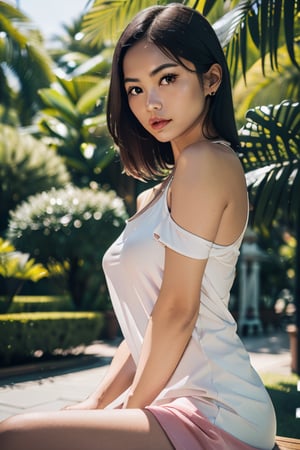 over the shoulder -shot, full body view,beautiful Thailand  girl, sitting in park  ,at the night, nsfw, wearing  sexy white top and short pink denim, outfit,CG girl,((best quality)), ultra high res,extremely detailed CG unity 8k wallpaperu, looking-glass at camera , coy 😀, close up body , bright eyes, highly detailed texture skin , detailed dress , cinematic-still shot , reflection skin,big lips