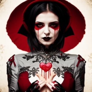 Gothic style female vampire standing holding a bloody heart


