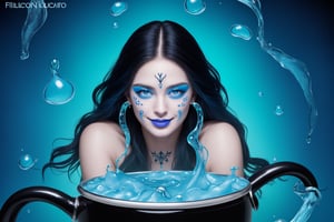 The Electric blue witch stirrs a cauldron of bubbling blue liquid, extremely evil smirk, several plenty of face tattoos, midnight black hair with blue streaks, extreme detail, vivid color, color coding, filligree background design, hyper realistic quality, highest resolution, model shoot camera, trending on Boris Vallejo,