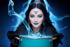 The Electric blue witch stirrs a cauldron of electric bubbling blue liquid, extremely evil smirk, several plenty of face tattoos, midnight black hair with blue streaks, extreme detail, vivid color, color coding, filligree background design, hyper realistic quality, highest resolution, model shoot camera, trending on Boris Vallejo,