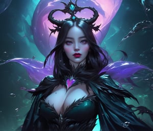 Maleficora, with a coulden of green bubbling liquid in the style of dark synth, magnificent clarity, photograpic detail, hyper realistic , cinematic camera,sohee