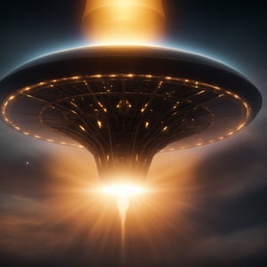 surreal photo of a majestic UFO takes a hovers a human being in a ethereal light, shiny, lumen reflection, complex mechenisms, intricate otherworldly designs. in the style of DeviantArt, Ufocore, sci-ficore, worlds best cinematic camera, highest resolution, amazing ray tracing, 8k, high octane render

