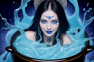 The Electric blue witch stirrs a cauldron of bubbling blue liquid, extremely evil smirk, several plenty of face tattoos, midnight black hair with blue streaks, extreme detail, vivid color, color coding, filligree background design, hyper realistic quality, highest resolution, model shoot camera, trending on Boris Vallejo,