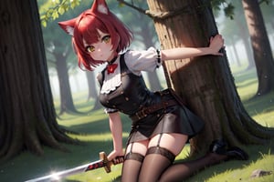 (masterpiece,best quality), looking at viewer, animal ears, thigh highs, cat ears, red hair, bangs, animal, brown eyes, Black dress, white collars, puffy_short_sleeves, white_sleeves, wearing_adventuring_gear kneeling_down, tree in background, complex_background, outdoors, melee_weapon, holding_sword, wearing_leather_belts,