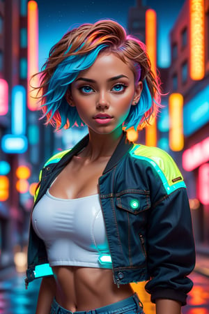 masterpiece, ultra resolution, 
1girl, solo, perfect body, lava hair, short hairstyle, light blue eyes, (tan skin, full lip, hair highlights:1.2), midriff, | (neon hair:1.2), cropped_jacket, crop_top, denim, futuristic city lights, buildings, urban scenery, neon lights | bokeh, depth of field,